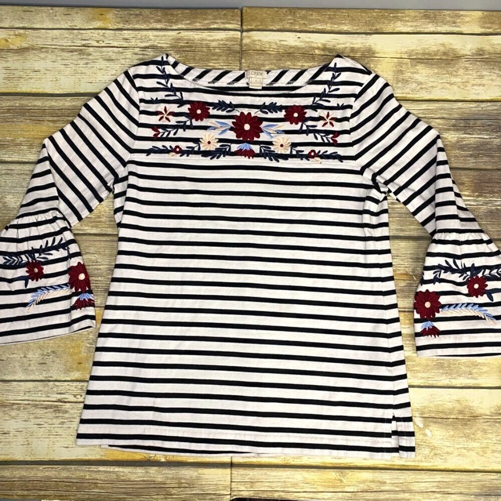 J.‎ Crew Boho Floral Embroidered Striped Top Bell Sleeves Women's Size S